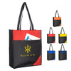 A reusable non-woven bag featuring a mix of red, black, and other vibrant colours, with a logo and external pocket.