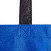 A reusable grocery bag in blue with black handles, featuring a texture pattern and stitching details. It has a logo.