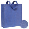 A blue patterned non-woven tote bag with sturdy handles and a textured finish. Logo visible on the bag.