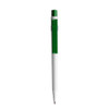 A plastic pen featuring a green grip and white barrel, complete with a branding logo.