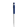 A plastic pen with a blue top and white body, featuring a logo on the barrel.