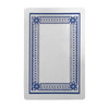A white playing card featuring a blue decorative border and pattern, presented flat against a plain background.