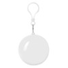A white wind poncho stored in a round, compact pouch with a clasp for easy attachment.