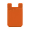 An orange mobile phone wallet with a curved design, featuring a slot at the top and a logo on the front.