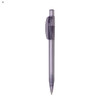 A plastic pen in a translucent grey colour with a clip and a point at the tip. It features a branding logo.