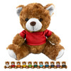 A brown teddy bear plush with a red shirt, featuring smaller versions in various colours below.