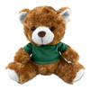 A plush teddy bear in brown fur, wearing a green shirt, with black eyes and white inner ears. It has a logo on the shirt.