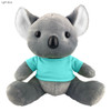 A grey koala plush toy wearing a light blue shirt, featuring black eyes and ears. It has a soft, cuddly appearance.