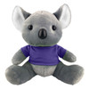 A plush koala toy with grey fur wearing a purple shirt, featuring large ears and a cute black nose.