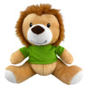 A plush lion toy with a brown mane, tan body, and wearing a green shirt, featuring a friendly smile.