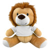 A plush lion toy with a soft, warm tan body and a friendly face, wearing a white t-shirt. It has a logo on the shirt.