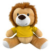 A plush lion toy with a friendly expression, featuring a yellow shirt and brown mane, in a seated position.