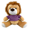 A cute lion plush toy with a brown body, fluffy mane, and wearing a purple T-shirt. It has a friendly facial expression.