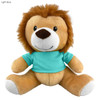 A light blue lion plush toy with a friendly expression, wearing a turquoise shirt and soft fur.
