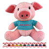 A pink plush pig wearing a blue shirt, featuring a logo, with several smaller colourful plush pigs displayed below.