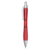 A red plastic pen with a silver clip and tip, featuring a textured grip. The pen has a logo.