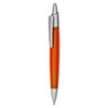 An orange plastic pen with a silver clip and tip. Features a branding logo.