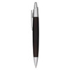 A plastic pen in black with silver accents, featuring a smooth design and a clip for easy attachment.