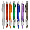A collection of plastic pens in various colours: clear, red, orange, green, white, blue, and black, each with a logo.
