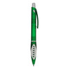 A green plastic pen with a grey clip and grip, featuring a logo on the body.