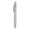 A plastic pen in clear and grey tones, featuring a textured grip and a clip. It has a logo on the side.