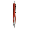 A plastic pen in red with a white grip and silver accents, featuring a logo on the side.