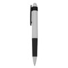 A plastic pen featuring a white barrel and a black grip, with a clip and a logo.