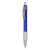 A blue plastic pen with a transparent grip and white bottom, featuring a clip and a soft touch button.