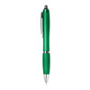 A green plastic pen with a silver clip and tip, featuring a sleek design and a logo on the barrel.