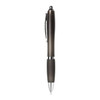 A plastic pen in dark grey with a sleek design and silver accents, featuring a clip and a rounded tip.