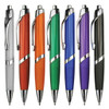 A collection of plastic pens in white, orange, green, blue, purple, and grey, each featuring a silver clip and branding.
