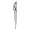 A plastic pen in white with a sleek design and brown accents, featuring a logo.