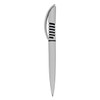 A plastic pen in grey with a sleek design and a logo on the side.