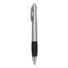 A silver plastic pen with a black grip and clip, featuring a branding logo.