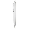 A silver plastic pen with a sleek design and a clip, featuring a logo on its surface.
