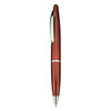 A red plastic pen with silver accents and a clip, featuring a logo on its barrel.