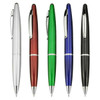 A set of five plastic pens in silver, red, green, blue, and black with a shiny finish and a logo.