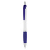 A plastic pen featuring a white body and purple accents, with a textured grip for easy handling. It has a logo.