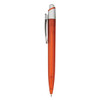 An orange plastic pen with a silver clip and a smooth body, featuring branding on the side.