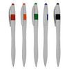 A collection of plastic pens in grey, featuring orange, green, blue, and black accents, with a logo present.