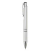 A sleek silver plastic pen with a clip and a shiny tip, featuring a logo on the barrel.
