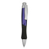 A plastic pen in purple and silver with a textured black grip and a clip. Features a logo on the barrel.
