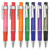 A set of plastic pens in pink, orange, green, blue, purple, and grey, each with a silver clip and grip.