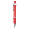A red plastic pen with a silver clip and a soft grip section. The pen features branding on the barrel.