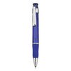 A blue plastic pen with a silver clip and grip, featuring a streamlined design and a logo.