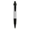 A plastic pen in white and black with a textured grip and clip, featuring a logo.