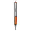 A plastic pen featuring an orange grip and silver accents, with a logo on the barrel.