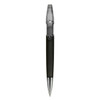 A plastic pen with a clear cap and a black body, featuring a metallic silver tip. It has a branding logo.
