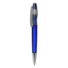 A blue plastic pen with a clear clip and grip, featuring a shiny silver tip. The pen has a logo on it.