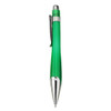 A green plastic pen with a sleek design and silver accents. It features a clip for easy attachment and branding.